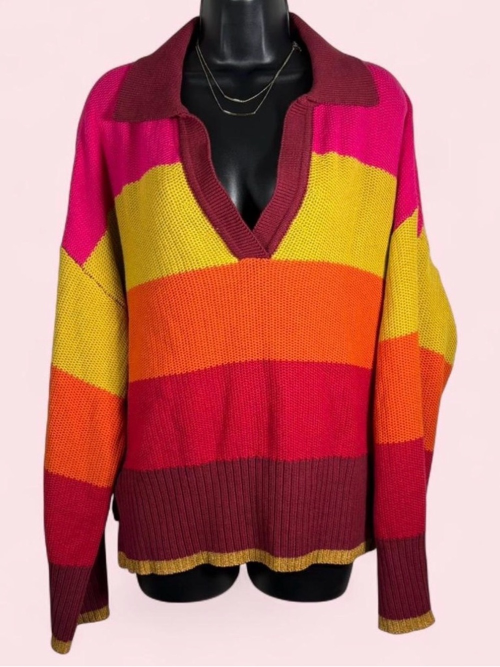 NWT Tru Luxe Multi-Stripe V-Neck Collared Sweater in Pink, Orange & Yellow